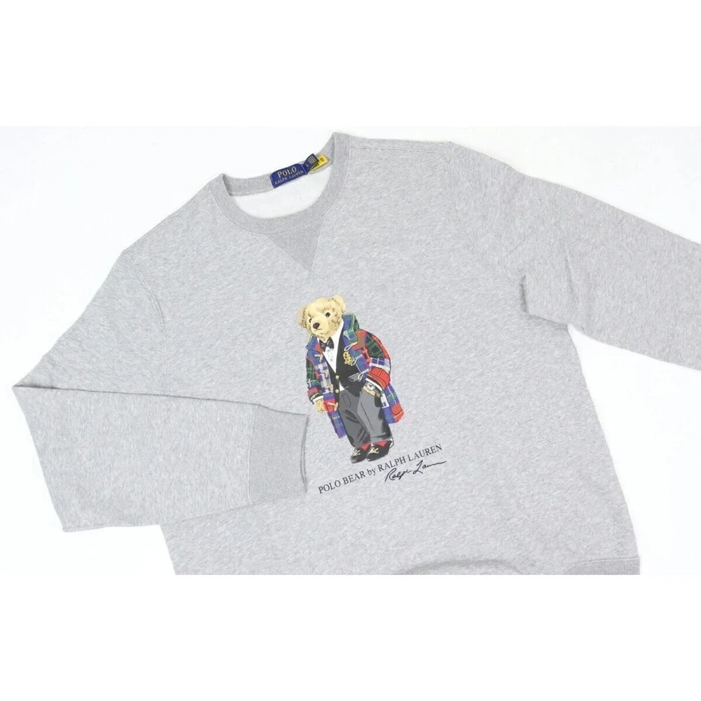 Polo Ralph Lauren Polo Duffel Bear Tartan Plaid Coat Fleece Sweatshirt Grey SZ M